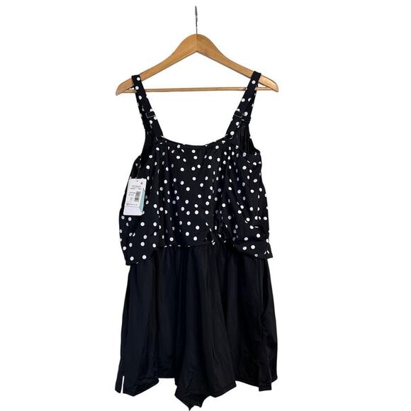 Swim Solutions Women's Polka Dot One Piece Swim Romper Size 16W Black White NWT - Picture 10 of 12